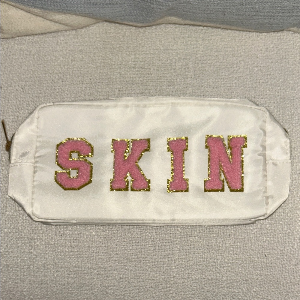 🤍White Cosmetic Bag with Pink and Gold Letters